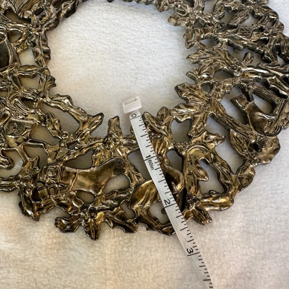 Vintage Silver Metal Christmas Wreath Wall Hanging Ornate Angel Bell Star Trivet